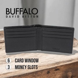 Buffalo David Bitton Bold Slim Fold Genuine Pebble Leather Wallet for Men, Credit Card Holder with ID Window, 6 Card Windows & 3 Money Slots, Black