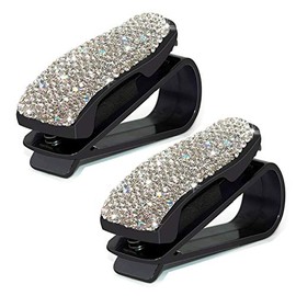 CHIMUYU Glasses Holders for Car Sun Visor, 2 Pack Bling Crystal Rhinestones Fashion Car Eyeglasses Sunglasses Hanger Mount with Ticket Card Clip for Women Girls (Silver)