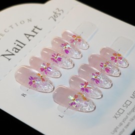 10 Pieces Handmade Nail Tips Cherry Blossom Pink Japanese Pattern Medium Oval Nail Graduation Ceremony