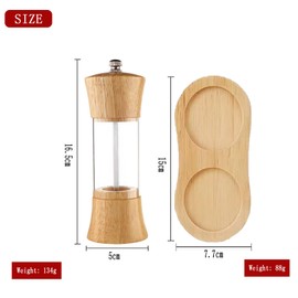 Wooden Clear Pepper Grinder with Base Set, Kitchen Pepper Sea Salt Black Pepper Mill, Home Camping Seasoning Bottle