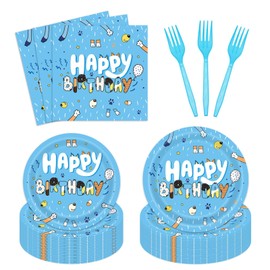 96Pcs Blue Dog Birthday Party Supplies Set for 24 Guests Happy Birthday Dessert Plates Lunch Plates Napkins Disposable Tableware Party Kit for Boys Kids
