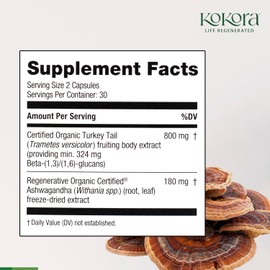 kokora Turkey Tail Immune - Organic Adaptogenic Mushroom Supplement - Includes Potent Extracts of Turkey Tail and Ashwagandha - 60 Capsules - 30 Servings