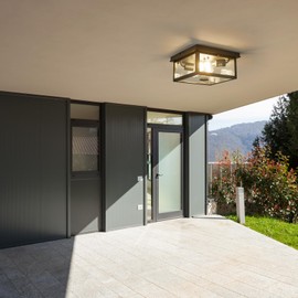 Adjustable Motion Sensor Ceiling Light Fixture Outdoor Modern Design of Squares Flush Mount 2-Light Textured Black Fixture with Clear Glass for Your Porch,Garage,Patio,Hallway,Front and Back Yards