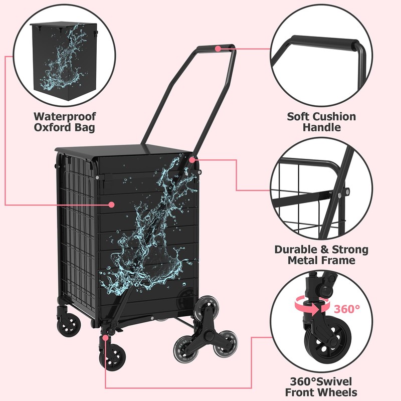 Folding Stair Climber Cart with Waterproof Bag, Lightweight Grocery Carts