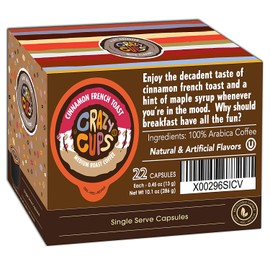 Crazy Cups Flavored Coffee for Keurig K-Cup Machines, Cinnamon French Toast, Hot or Iced Drinks, 22 Single Serve, Recyclable Pods