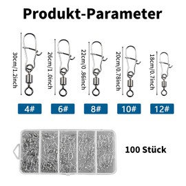 Wjelet Pack of 100 Fishing Swivels Fishing Barrel Swivels with Carabiner Stainless Steel Swivel Fishing Swivel with Carabiner for Trout, Bass, Zander and Pike 5 Size 4# 6# 8# 10# 12#