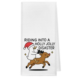 kunlisa Christmas Goose Kitchen Towels, Goose Gifts Dish Tea Towels, Funny Santa Geese and Reindeer Decorative Hand Towel for Bathroom, Christmas Bathroom Decor, 16x24 Inch