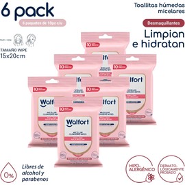 Walfort Toallas Desmaquillantes con Agua Micelar, Limpieza Facial 3 en 1: Limpian, Desmaquillan e Hidratan (6 pack de 10 Piezas)