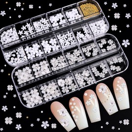 EBANKU 3D Acrylic Flowers for Nails Five-Leaf Flower Ornaments Nail Gemstones White Flower Nail Art Charm Nail Flower Pearl Caviar Beads Glitter for Nail Art Decoration
