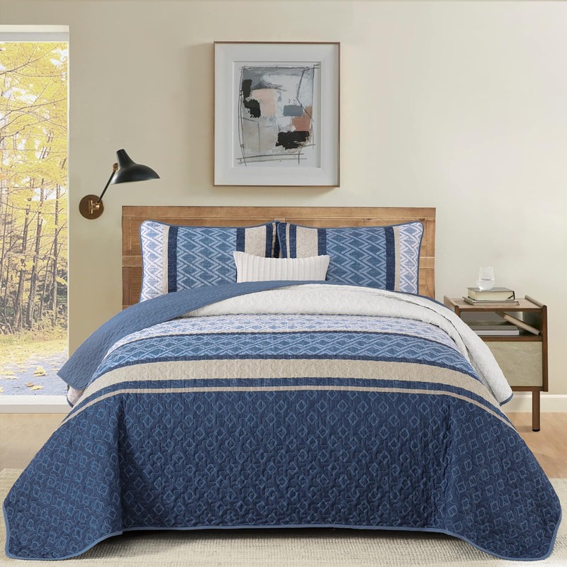 Dinjoy King Size Quilt Set Boho, Soft Striped Bedspreads Blue