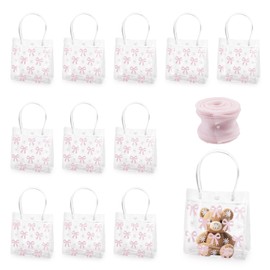 12 PCS Small Clear Gift Bags with Handles, Reusable Gift Bags with Fishtail Ribbon, ATSKIM Transparent Pink Bow Party Favors Wrap for Wedding Birthday Party, 5.9 x 6.3 x 2.8'' (Pink)