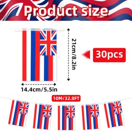 32.8 ft Hawaii Flag Banner, 30 Pcs Mini State String Flags, Red White Blue Union Jack Bunting for Hawaii Day, Parades, Luau Parties, Home, Garden, and Outdoor Decorations