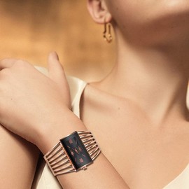 Women Luxury Cuff Bracelet Rectangular Dial Hollow Analog Quartz Wrist Watch for Ladies (Rose Gold)
