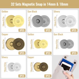 PEAKTOP Pack of 32 Magnetic Closure Pockets, Magnetic Buttons Without Sewing, Magnetic Press Studs for Sewing, Metal Magnetic Button Buttons for Handbags, Purses, Backpack, Clothes, Crafts, 14 mm and