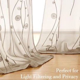 HOMEIDEAS Taupe Sheer Curtains 52 X 63 Inches Length 2 Panels Beige Embroidered Wave Line with Spiral Pattern Pocket Faux Linen Semi Sheer Voile Window Curtains/Drapes for Bedroom Living Room