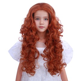 Edivd Orange Wig for Kids Children Long Dark Orange Wig Girls Orange Brown Curly Wavy Wig Heat Resistant Synthetic Wig with Wig Cap