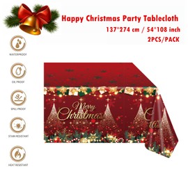 2 Pack Christmas Table Cloth Party,137x274cm Rectangle Large Plastic Tablecloth Holly Santa Party Tableware Decorations,Red Xmas Tablecovers Party for Winter Holiday Xmas Party Dinner Table Cloths
