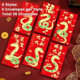 Chinese New Year Red Envelopes,6 Patterns 36 Pcs Red Packets Lunar Year of the Snake 2025,Embossed Bronzing Foil Money Envelopes for Cash Gifts New Year Decorations