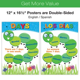 20 Large Educational Posters For Kids Toddlers (16.5x12 Double Sided English/Spanish) Alphabet Colors Letters Numbers Shapes Months Days Weather Time Animals Solar System Seasons Map