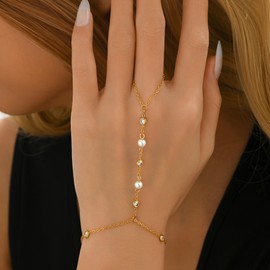 Kyazeo Hand Chain Bracelet for Women 18K Gold Plated Pearl Beaded Moon Star Cubic Zirconia Ring Bracelet Hand Chain Trendy Body Jewlery Gifts