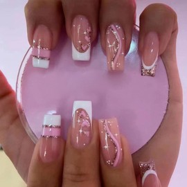 MISUD Coffin Press on Nails Long Ballerina Fake Nails Glossy Glue on Nails White French Tip Acrylic Nails Bling Glitter Artificial Nails Pink Line Stick on Nude False Nails with Desgin 24 pcs