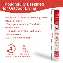 Skeeter Screen 61204R Mosquito Deterrent Incense Sticks – DEET-Free Essential Oil Formula – 15 Count (Pack of 4) – Each Stick Lasts Up to 4 Hours – 22" Long – Outdoor Use for Patios & Gardens