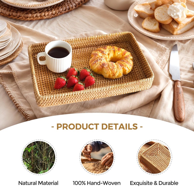 KALEKAIL Rattan Serving Tray, Woven Wicker Rectangle Tray Shallow Basket
