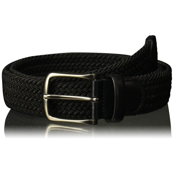 Perry Men's Woven Belt with Stretch Leather-Trim Fabric, Black, Large