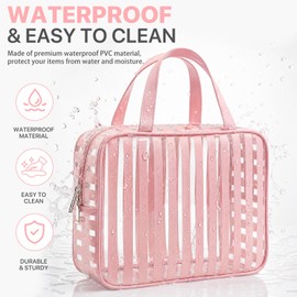 Edelefas Clear Pink Striped PVC Makeup Bag, Large 10.2 x 7.9 x 3.1 Inch Waterproof Travel Toiletry Bag with Handle, TSA Approved Clear Cosmetic Organizer for Travel Gym Bathroom