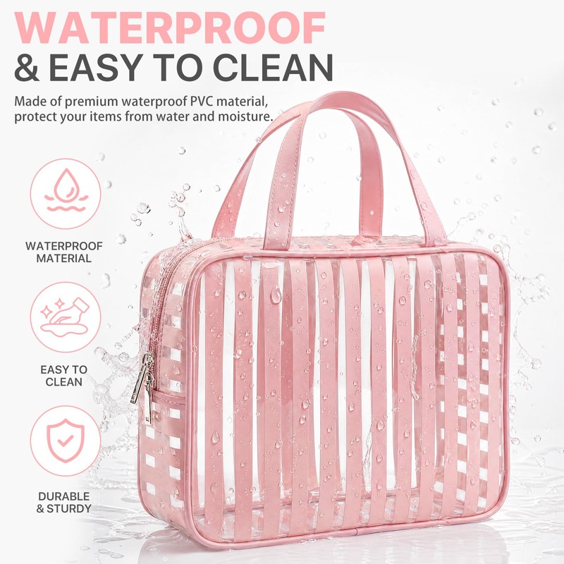 Edelefas Clear Pink Striped PVC Makeup Bag, Large 10.2 x