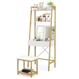 Costway 2-in-1 Vanity Table Set Flip Top Mirror Ladder Storage Shelf w/Cushioned Stool