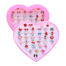Children's Rings, Pack of 36 Children's Rings Girls, Adjustable Rings, Children's Ring, Rings for Children, Children's Dress Up Ring Set, with Heart Shape Display Case, for Children's Birthday Favours