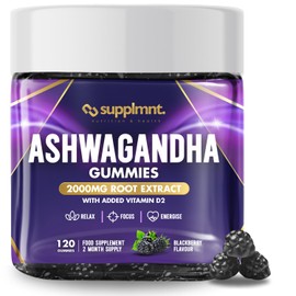 Ashwagandha Gummies, 2000mg with Vitamin D2 | 120 Gummies - 2 Months Supply, BlackBerry Flavour Ashwagandha High Strength Root Extract Supplement, Alternative to Capsules. Vegan & Gluten-Free