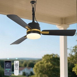 AHAWILL 42" Outdoor Ceiling Fans with Lights and Remote,Hanging Gazebo Fan,Plug in Ceiling Fan for Patios,3 CCT Dimmable,Portable Fan with Hook for Porch,Pergola,Black and Gold