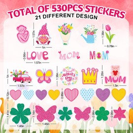 FYSUIMU 530 Pcs Mother's Day Foam Stickers Cartoon Love Mom Heart Flower Gnome Self-Adhesive Sticker Decals for DIY Art Crafts Mama Party Supplies
