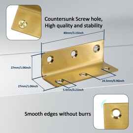 Redunest L Bracket, Heavy Duty Corner Brace, 4 Pack 3.2 Inch Stainless Steel Shelf Bracket Angle Bracket for Shelves, Gold Metal Braces for Wood, 80mm Overall Length