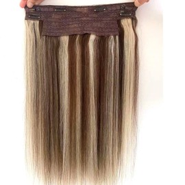 SUNFA Ombre Wire Hair Human Hair Extensions, Fish Line Wire Hair Extensions, Ombre Chocolate Brown to Bleach Blonde Highlighted18inch 80g Straight Hairpiece Flip in Hair Extensions Clip in Extensions with Invisible Fish Line Hair Extensions