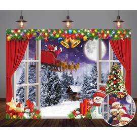 Christmas Window Backdrop Winter Snow Scene Xmas Tree Snowman Santa Photography Background Kids Adults Xmas Birthday Winter Family Holiday New Year Party Decoration (7x5FT)