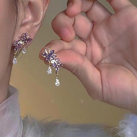 Cimenexe Bohemian Crystal Butterfly Earrings Purple Rhinestone Butterfly Earrings Amethyst Butterfly Stud Earrings Silver Tears CZ Butterfly Earrings Jewellery For Women, Zinc, No Gemstone