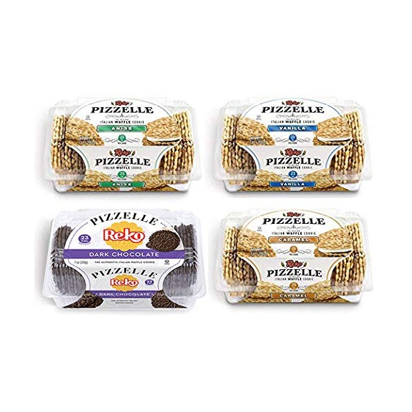 Reko Pizzelle Cookies 4 Flavor Samplers - Anise, Dark Chocolate, Caramel, Vanilla (4 Pack)