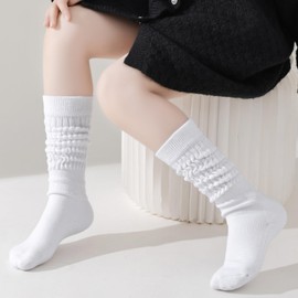 Mini angel Slouch Socks Girls White Scrunch Socks 3 Pairs Kids Knee High Socks 12-15 Years Soft Warm Stacked Boot Socks(White,L)