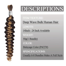 Human Braiding Hair P4/27# Balayage Deep Wave Bulk Human Hair 12A Bulk Braiding Hair For Boho Braids 16 Inch 50g/1Bundle Wet And Wavy No Weft Hair Extensions