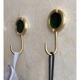Gold Brass Decorative Wall Hook, Hole Free Wall Mount Fancy Hook (Dark Agate Green–Pack of 2)
