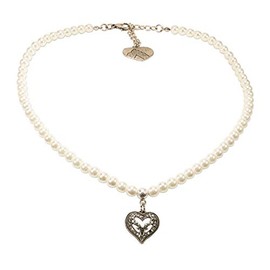 Alpenflüstern DHK238 Pearl Costume Necklace Rhinestone Heart Deer Small Women's Costume Jewellery Dirndl Necklace in Black and Cream White, Metal