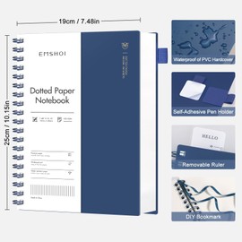 EMSHOI Notebook B5, Bullet Dotted Journal, Spiral Notebook 300 Pages/150 Sheets, 100gsm Dot Grid Paper, PVC Hardcover, Notebooks for Women, Men, Office, School, Writing, 19 x 25 cm - Blue