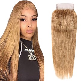 Tuheerst Straight Human Hair Closure 4 x 4 Lace Closure Human Hair Blonde Remy Hair Pre Bleached Knots with Baby Hair Free Part for Woman 8 Inches