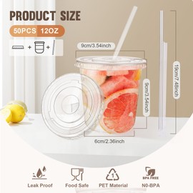50 Pcs Plastic Cups with Flat lids and Straws, 12 oz Plastic Clear Stemless Glasses for iced Coffee, Disposable Round Bottom Coffee Drinking Cups with lid for Birthday Wedding Meeting Party Supplies