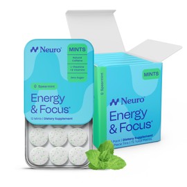 Neuro Energy & Focus Mints - Sugar Free Breath Mints with 40mg Natural Caffeine, B Vitamins & L-Theanine - Vegan Brain Supplement for Exercise, Study & Daily Focus - Spearmint, 72 ct