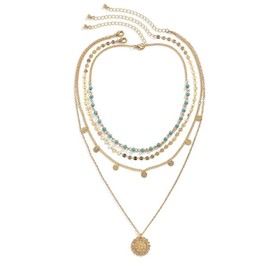 NATOSU Gold Layered Boho Multilayer Necklace for Women - Stacked Pendant with Turquoise Coin, Country Concert, Long for Girls