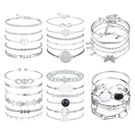 LOLIAS 32 Pieces Boho Bracelet Women's Gold Multilayer Stackable Open Cuff Wrap Silver Bracelets Adjustable Fashion Paper Clip Cuban Bracelet Set Jewellery for Girls Gift, Stainless Steel